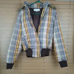 Vintage Retro Plaid Puffer Coat Faux Fur Hood